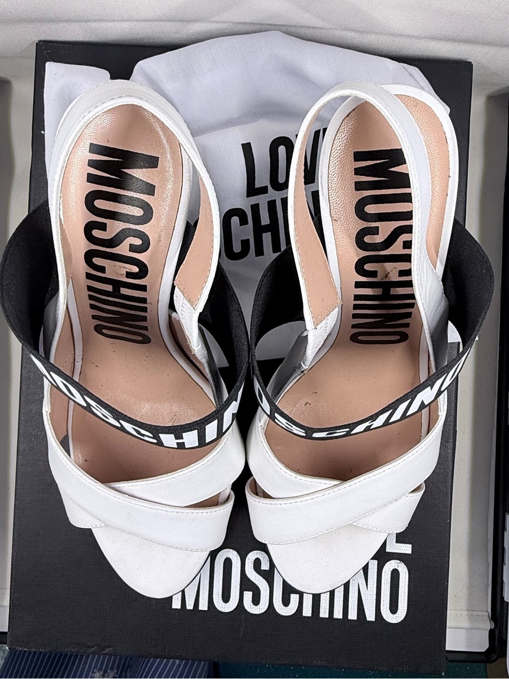 Moschino White and Black Logo Slingback Heels